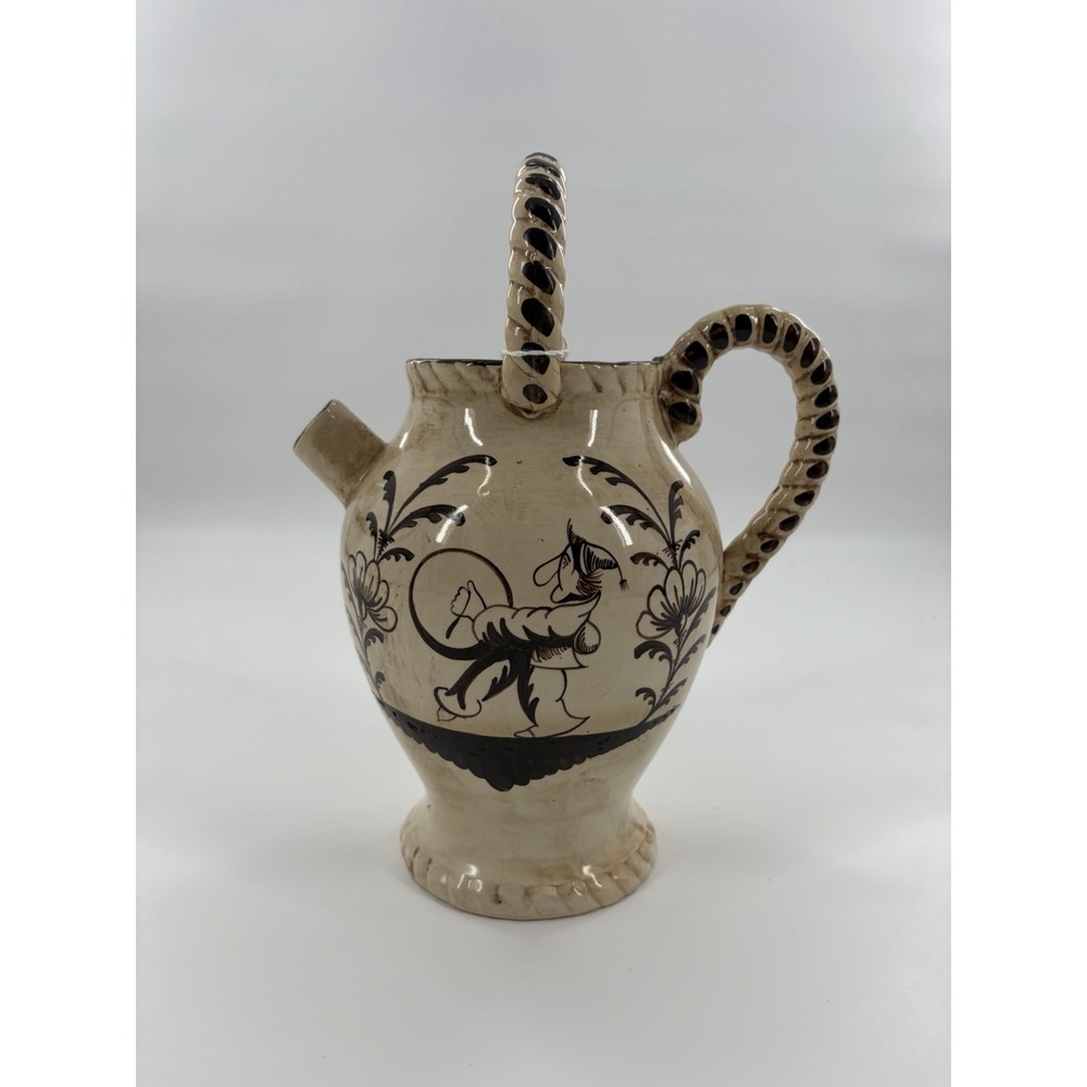 Vintage Hand Painted Pottery Jug Pitcher 3 Braided Handles Figural 952